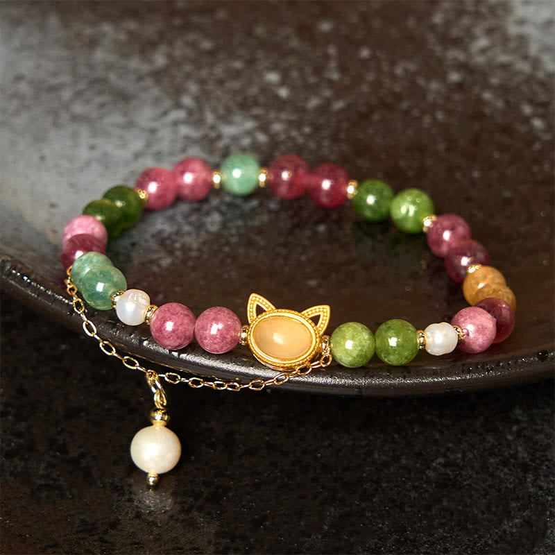 Braccialetto positivo con gatto portafortuna in tormalina colorata Buddha Stones - Gatto portafortuna in tormalina (circonferenza del polso: 14-16 cm) - image 1