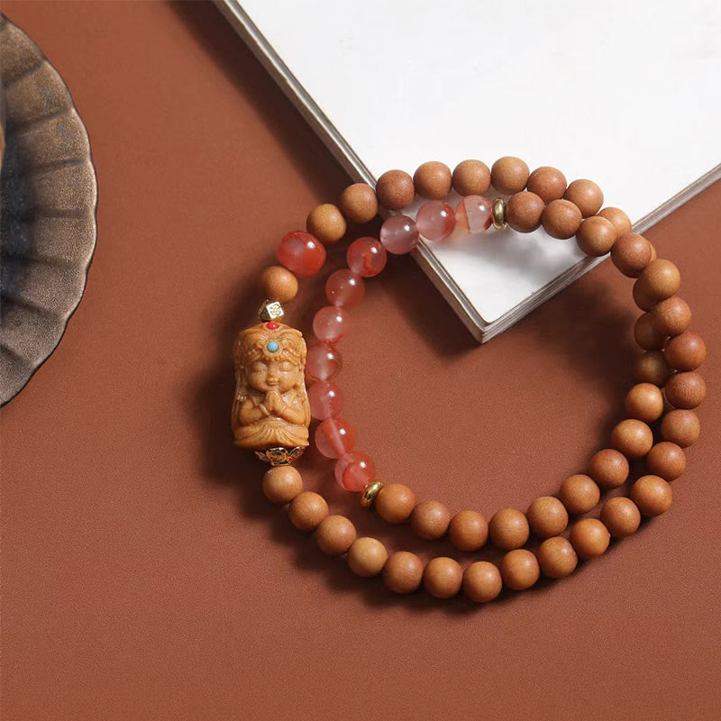 Bracciale della fortuna in agata rossa del sud, sandalo e Buddha Stones tibetane Zakiram, dea della ricchezza - Sandalo e agata rossa del sud (circonferenza del polso: 13-21 cm) - image 0