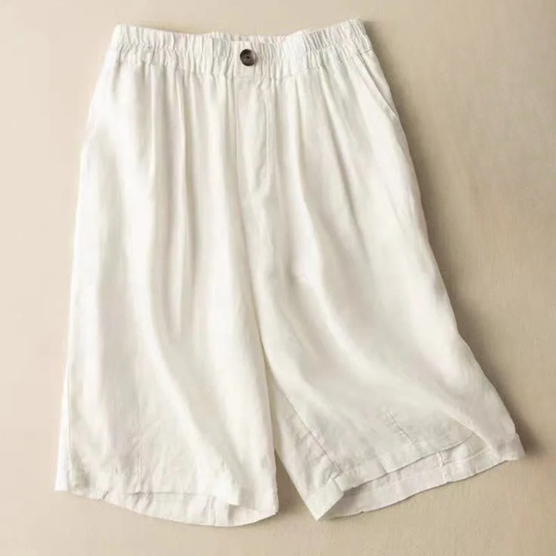 Pantaloncini da donna estivi casual con bottoni, in cotone e lino, con motivo Buddha Stones e tasche. - Bianco - US8-10, UK/AU12-14, EU40-42 (3XL) - image 8