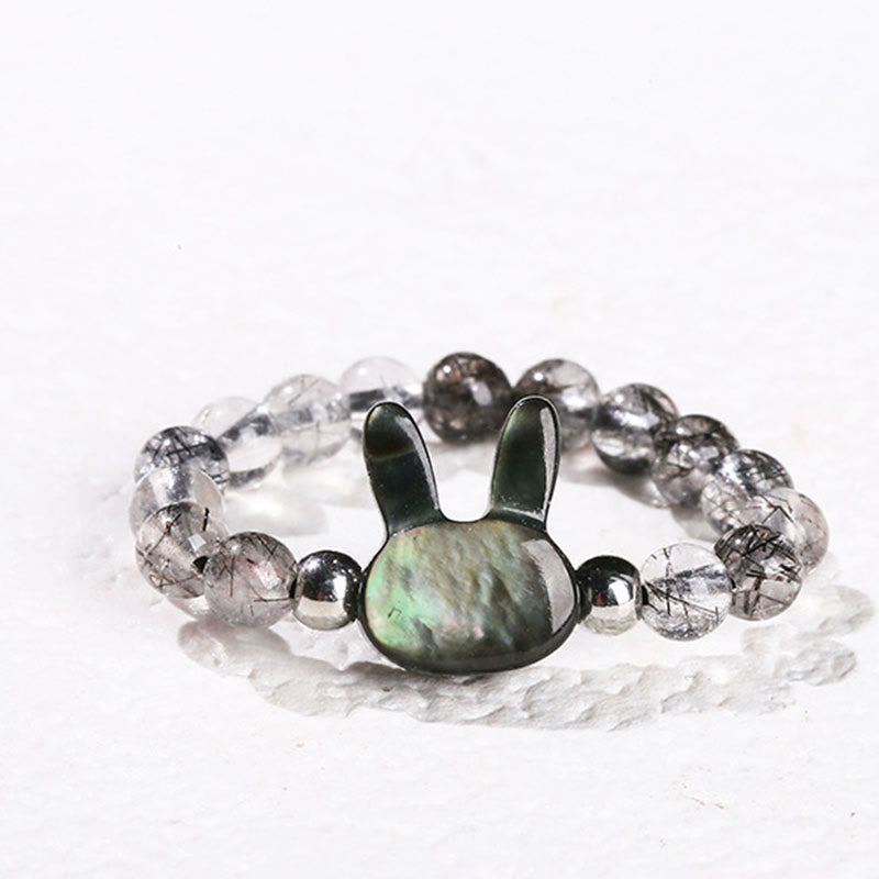 Buddha Stones 3 mm Quarzo rutilato nero Tridacna Anello Coniglio Gatto - Coniglio (corda elastica da 63 mm) - image 1
