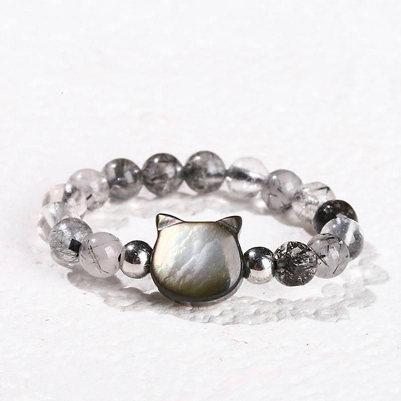 Buddha Stones 3 mm Quarzo rutilato nero Tridacna Anello Coniglio Gatto - Gatto (corda elastica da 63 mm) - image 11
