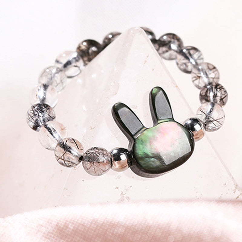 Buddha Stones 3 mm Quarzo rutilato nero Tridacna Anello Coniglio Gatto - image 3