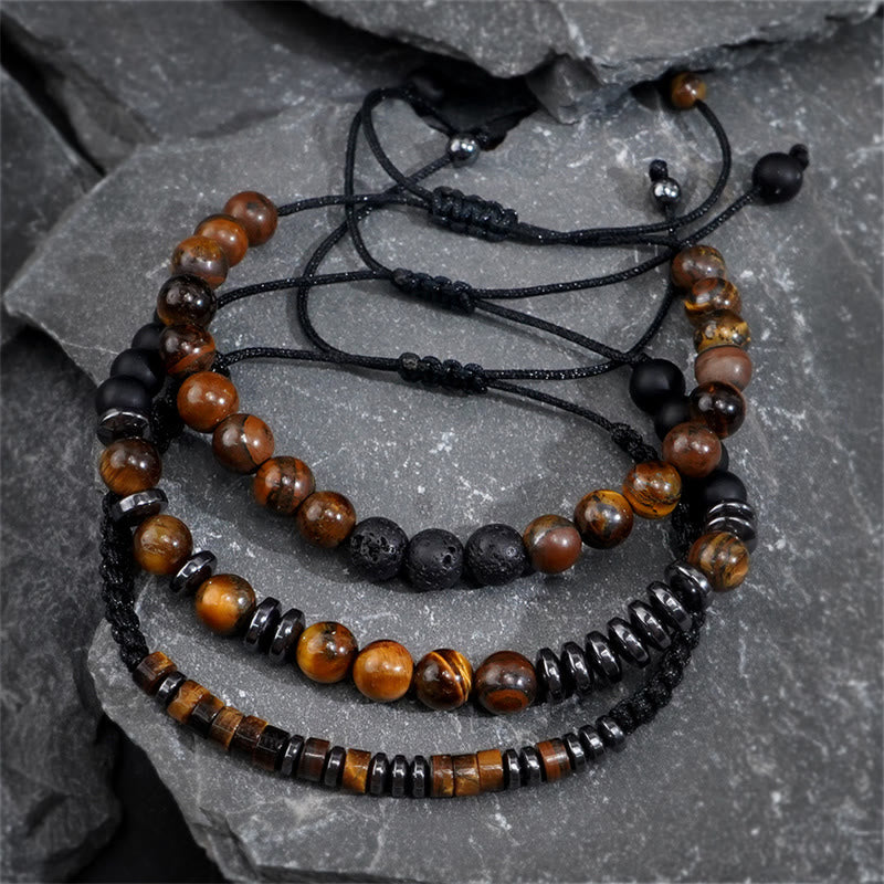 Set di 3 bracciali protettivi in ​​pietra lavica con occhio di tigre Buddha Stones - image 2