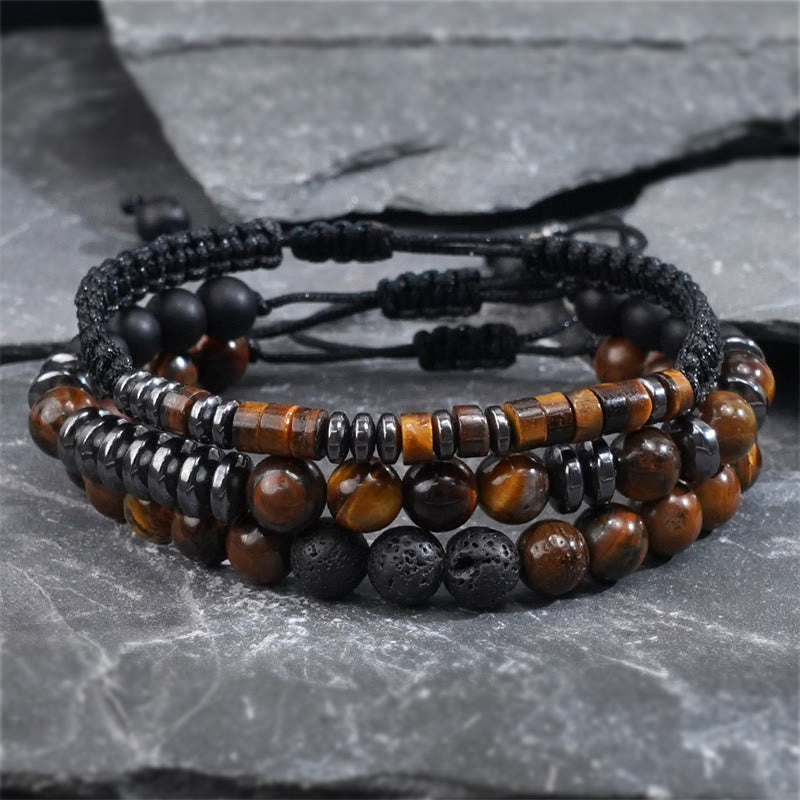 Set di 3 bracciali protettivi in ​​pietra lavica con occhio di tigre Buddha Stones - image 1