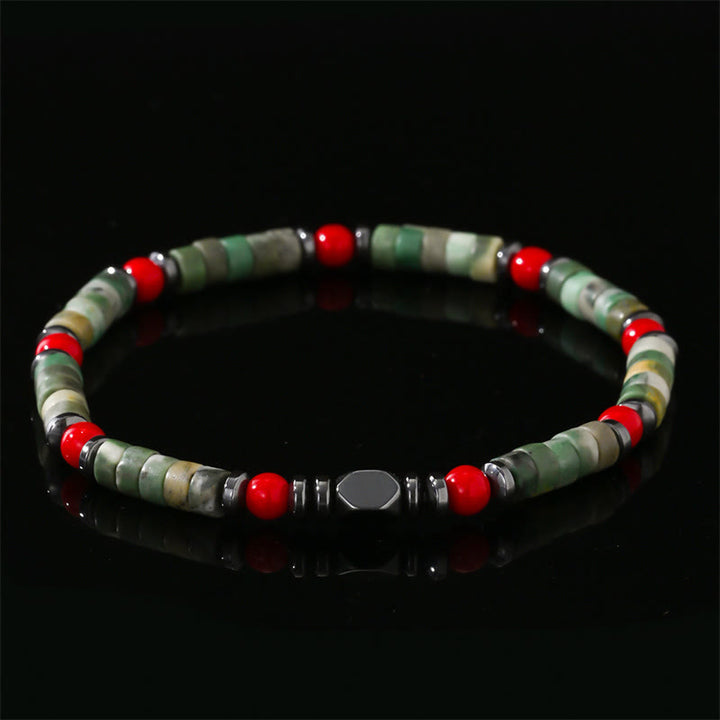 Bracciale potente in pietra verde naturale con ematite e corallo rosso Buddha Stones