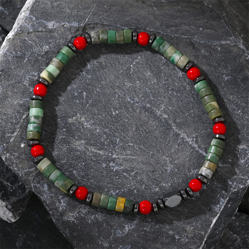 Bracciale potente in pietra verde naturale con ematite e corallo rosso Buddha Stones