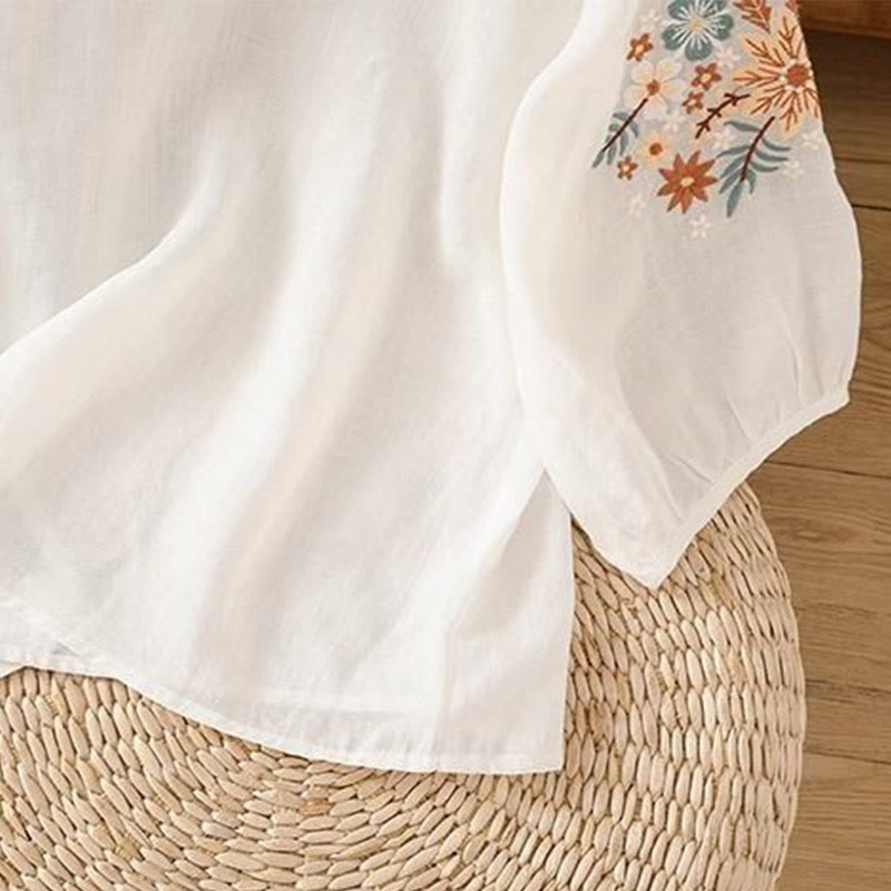 T-shirt da donna a girocollo con maniche a tre quarti e ricamo di fiori e foglie, con motivo Buddha Stones. - image 8