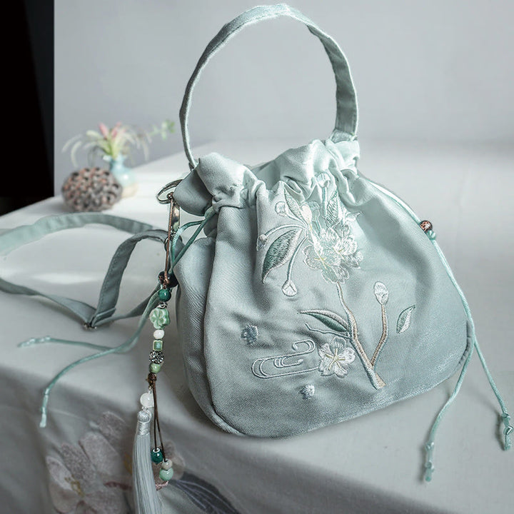 Borsa a tracolla in tela con Buddha Stones ricamate, fiori verdi, foglie e fiori