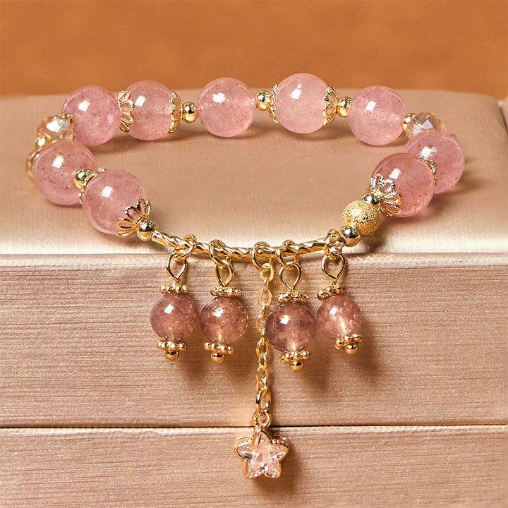 Braccialetto Buddha Stones Natural Strawberry Quartz Quadrifoglio Stella Positiva