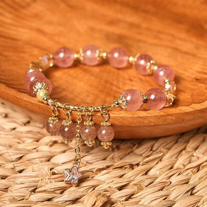Braccialetto Buddha Stones Natural Strawberry Quartz Quadrifoglio Stella Positiva
