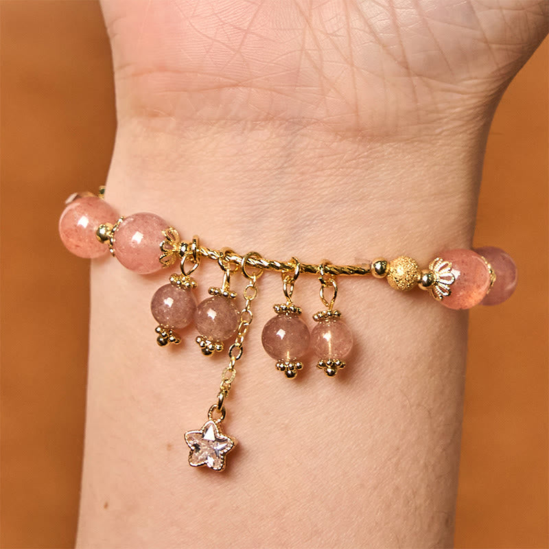 Braccialetto Buddha Stones Natural Strawberry Quartz Quadrifoglio Stella Positiva