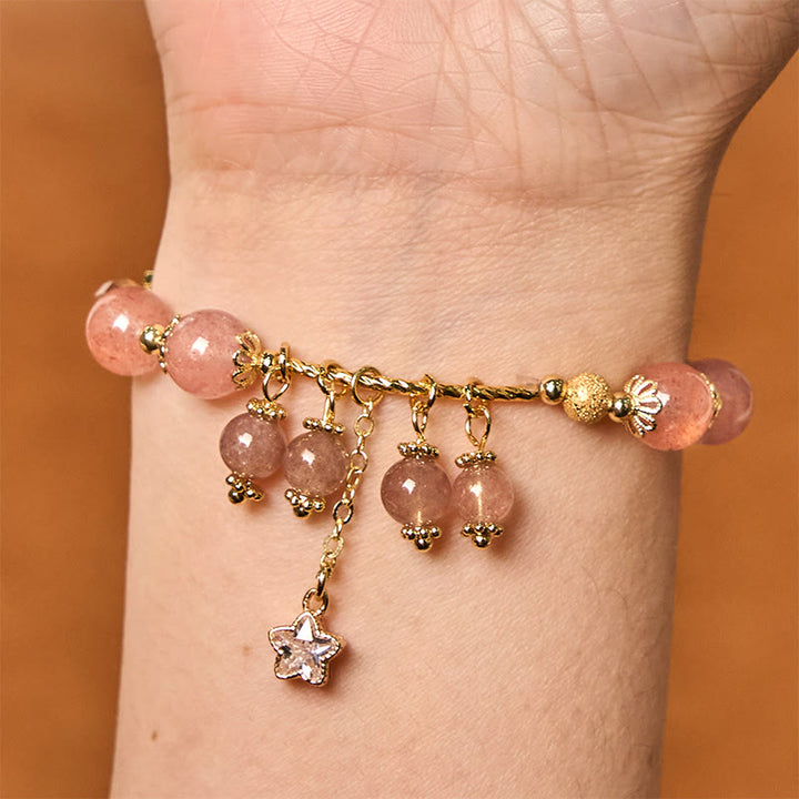 Braccialetto Buddha Stones Natural Strawberry Quartz Quadrifoglio Stella Positiva