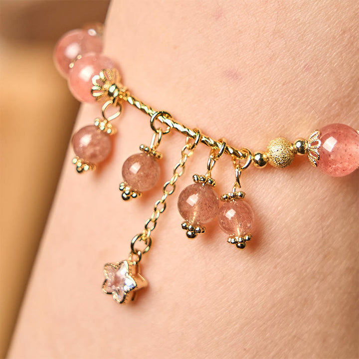 Braccialetto Buddha Stones Natural Strawberry Quartz Quadrifoglio Stella Positiva