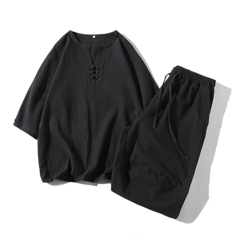 Set di abbigliamento da meditazione da uomo con motivo Buddha Stones , composto da t-shirt semplice con colletto a revers e pantaloncini a gamba larga con tasche. - Nero - US/UK/AU46, EU56 (5XL) - image 18