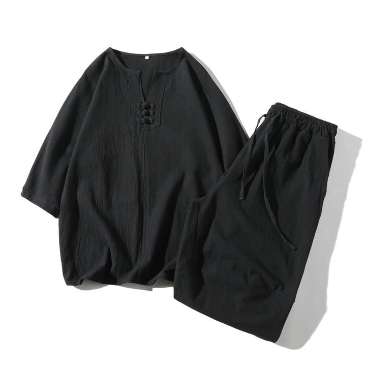 Set di abbigliamento da meditazione da uomo con motivo Buddha Stones , composto da t-shirt semplice con colletto a revers e pantaloncini a gamba larga con tasche. - Nero - US/UK/AU46, EU56 (5XL) - image 18