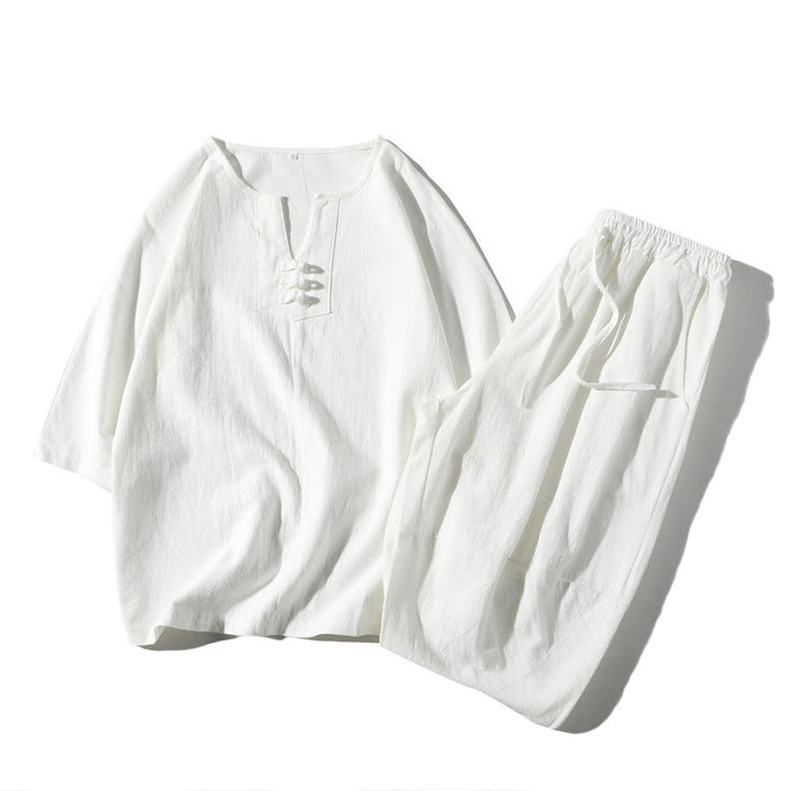 Set di abbigliamento da meditazione da uomo con motivo Buddha Stones , composto da t-shirt semplice con colletto a revers e pantaloncini a gamba larga con tasche. - Bianco - US/UK/AU46, EU56 (5XL) - image 15