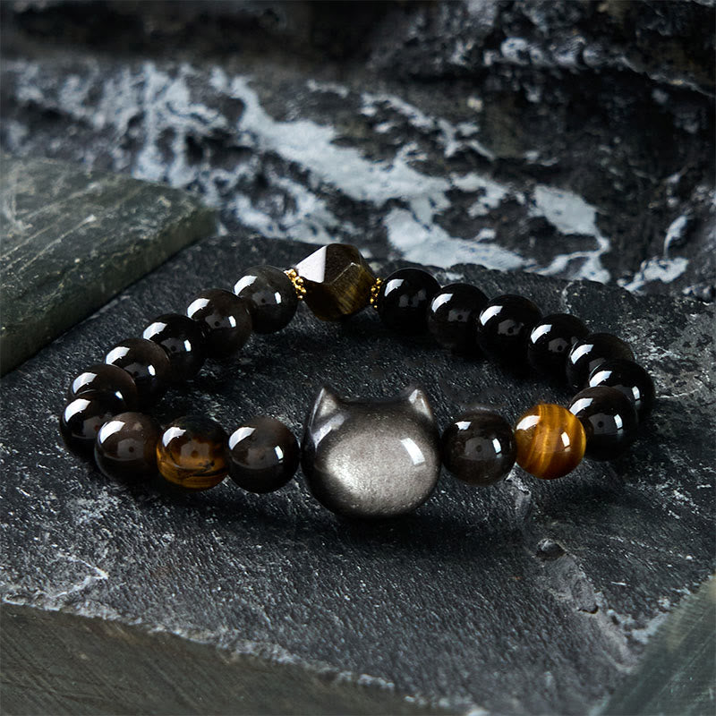 Braccialetto rilassante con perline di ossidiana lucida in argento naturale Buddha Stones - 21-22 cm - image 1