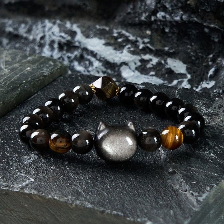 Braccialetto rilassante con perline di ossidiana lucida in argento naturale Buddha Stones - 21-22 cm - image 1