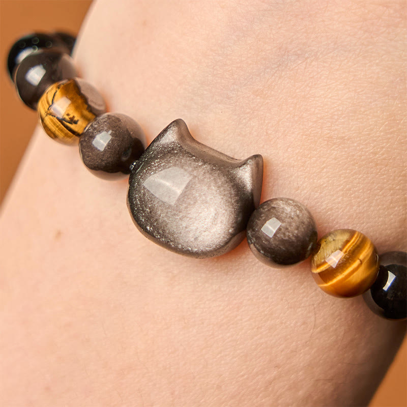 Braccialetto rilassante con perline di ossidiana lucida in argento naturale Buddha Stones - image 5