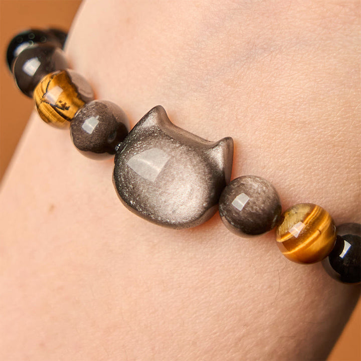 Braccialetto rilassante con perline di ossidiana lucida in argento naturale Buddha Stones - image 5