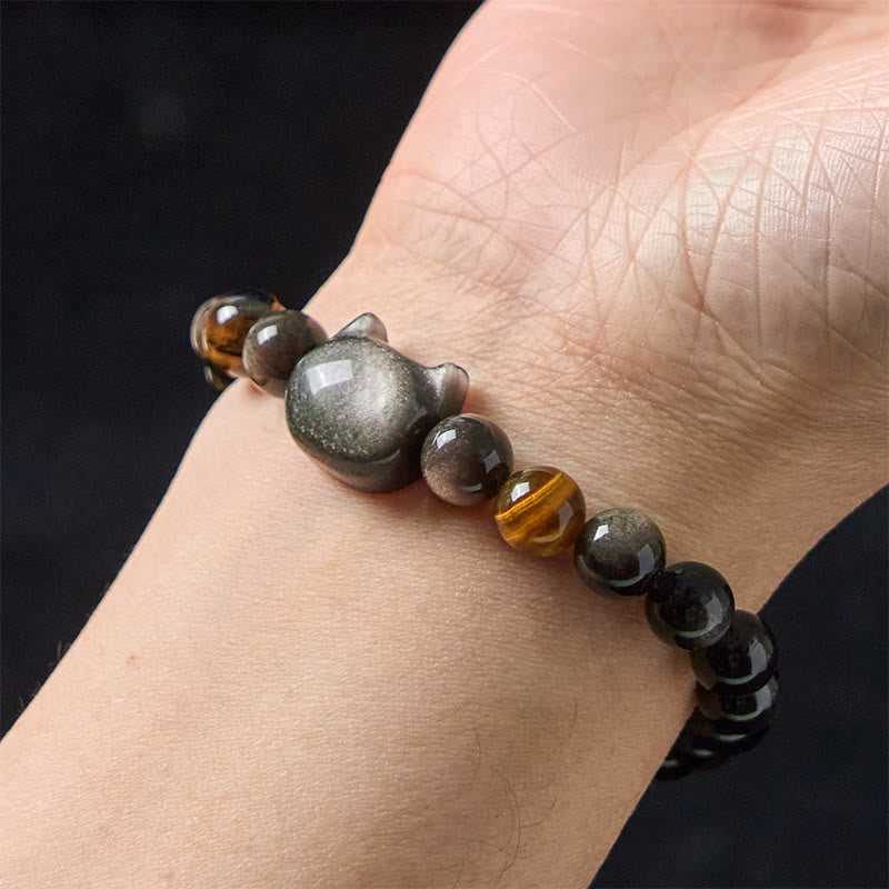 Braccialetto rilassante con perline di ossidiana lucida in argento naturale Buddha Stones - image 6