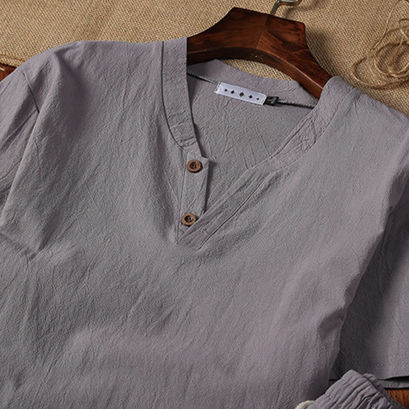 Set di 2 magliette a maniche corte con colletto a tacca semplice Buddha Stones, pantaloncini con tasche, in cotone e lino, per meditazione da uomo - image 8