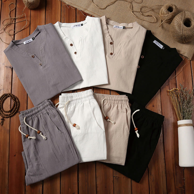Set di 2 magliette a maniche corte con colletto a tacca semplice Buddha Stones, pantaloncini con tasche, in cotone e lino, per meditazione da uomo - image 19