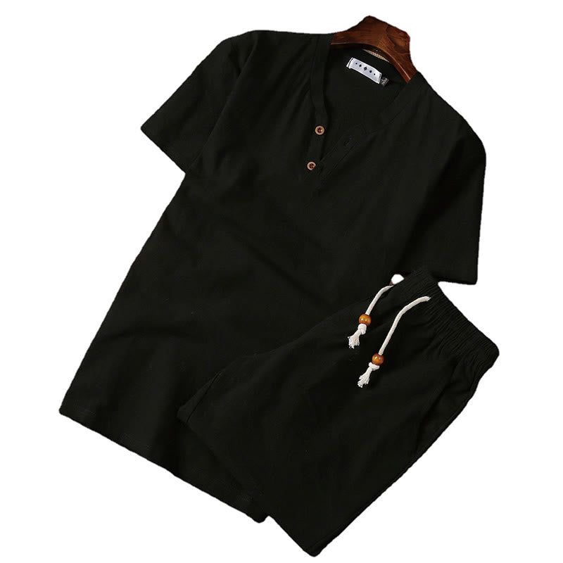 Set di 2 magliette a maniche corte con colletto a tacca semplice Buddha Stones, pantaloncini con tasche, in cotone e lino, per meditazione da uomo - image 5
