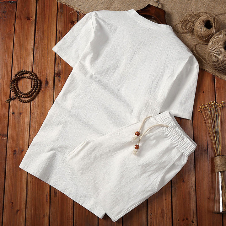Set di 2 magliette a maniche corte con colletto a tacca semplice Buddha Stones, pantaloncini con tasche, in cotone e lino, per meditazione da uomo - image 2
