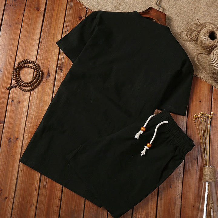 Set di 2 magliette a maniche corte con colletto a tacca semplice Buddha Stones, pantaloncini con tasche, in cotone e lino, per meditazione da uomo - image 4