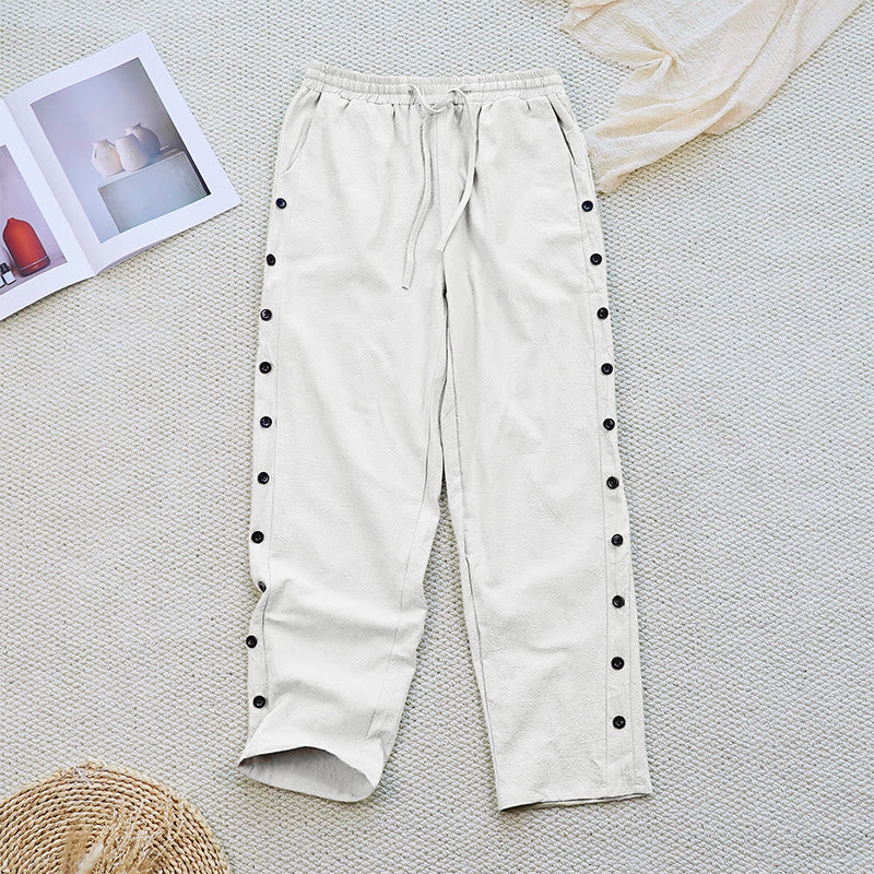 Pantaloni da donna in lino di cotone con coulisse, con tasche, modello patchwork estivo semplice Buddha Stones - Bianco - US12, UK/AU16, EU44 (2XL) - image 0