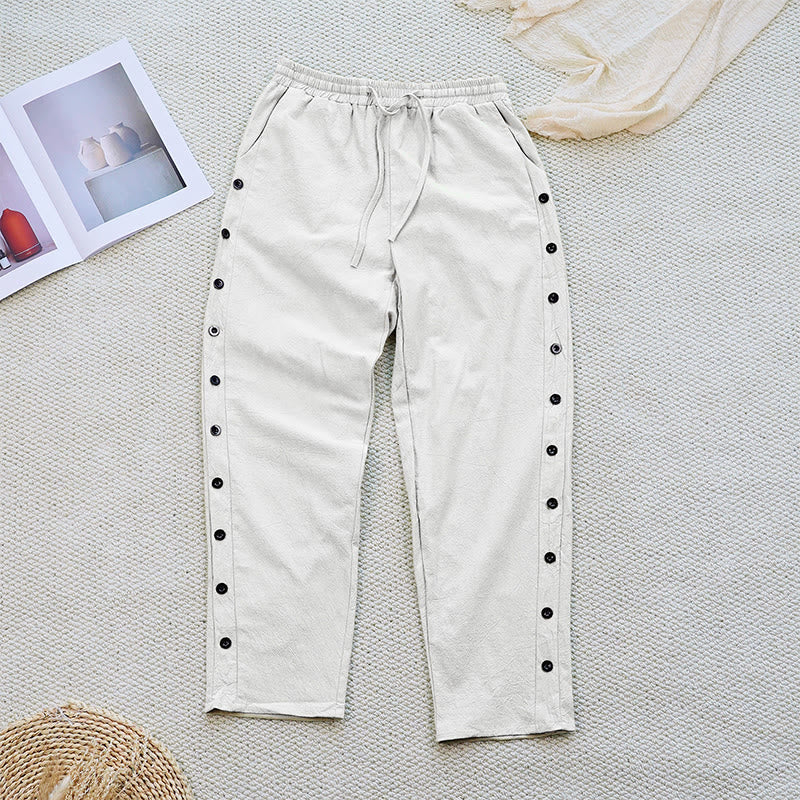 Pantaloni da donna in lino di cotone con coulisse, con tasche, modello patchwork estivo semplice Buddha Stones - image 1