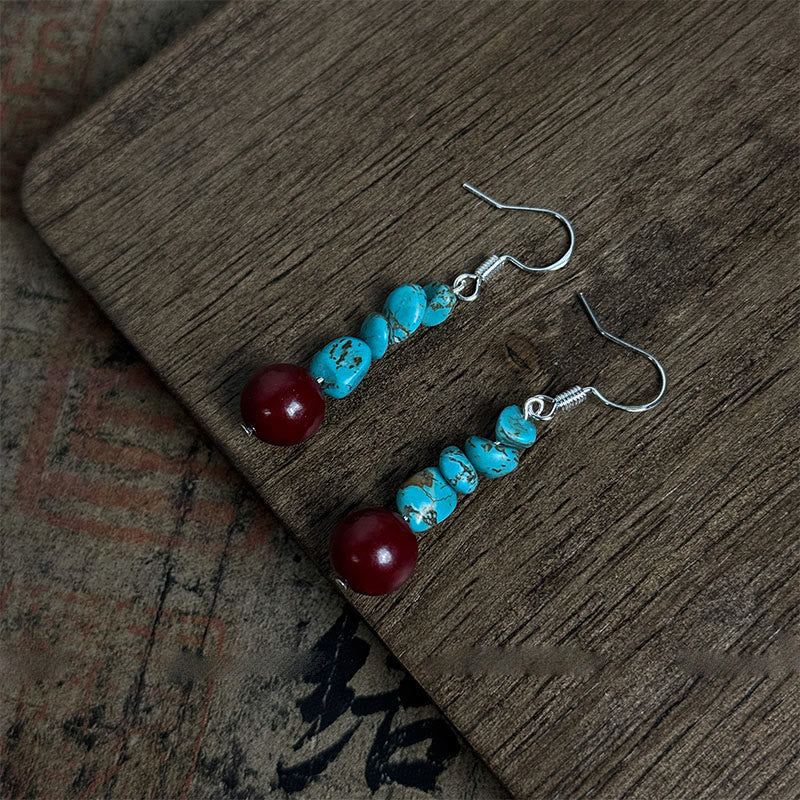Orecchini di protezione in argento sterling 925 tibetano con perle di cinabro e turchese, Buddha Stones
