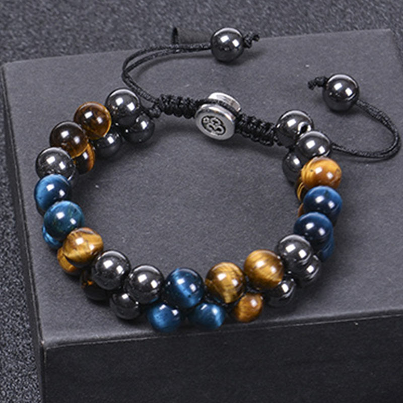 Braccialetto di forza con perline a doppia fila, motivo Om, in occhio di tigre blu naturale e magnetite nera con Buddha Stones