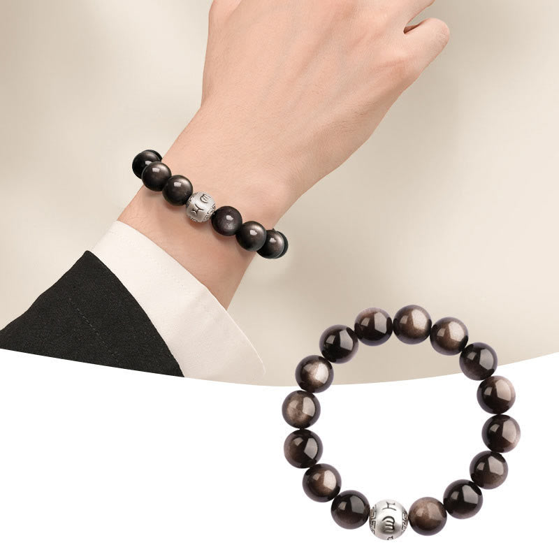 Bracciale di protezione Om Mani Padme Hum in ossidiana naturale lucida e argento Buddha Stones