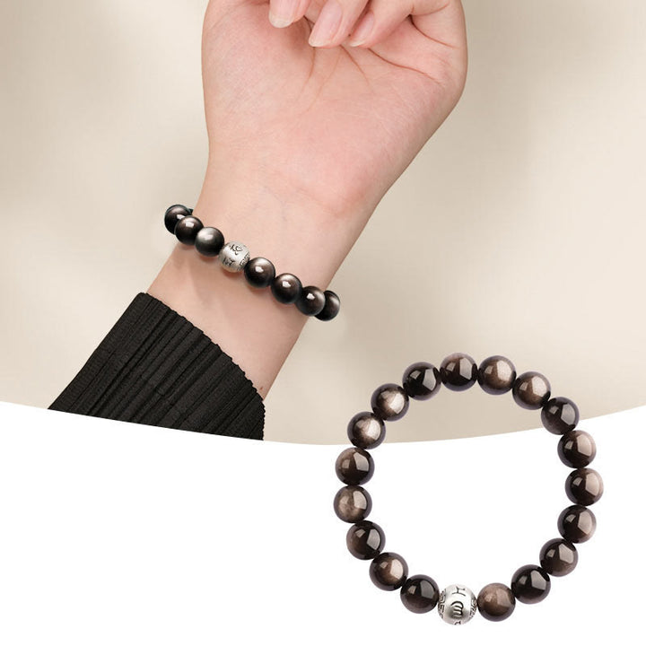 Bracciale di protezione Om Mani Padme Hum in ossidiana naturale lucida e argento Buddha Stones