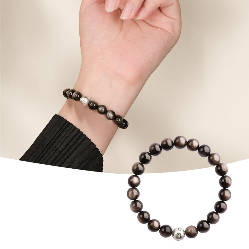 Bracciale di protezione Om Mani Padme Hum in ossidiana naturale lucida e argento Buddha Stones