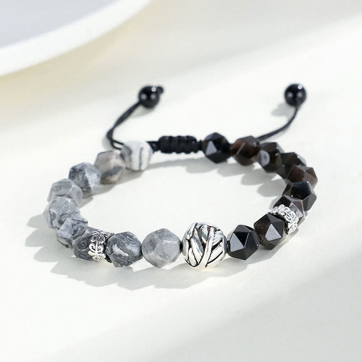 Bracciale di protezione con perline a foglia arrotolata in argento sterling 925, ossidiana naturale a taglio irregolare, diaspro grigio, Buddha Stones - Ossidiana e diaspro grigio - 8 mm - image 9