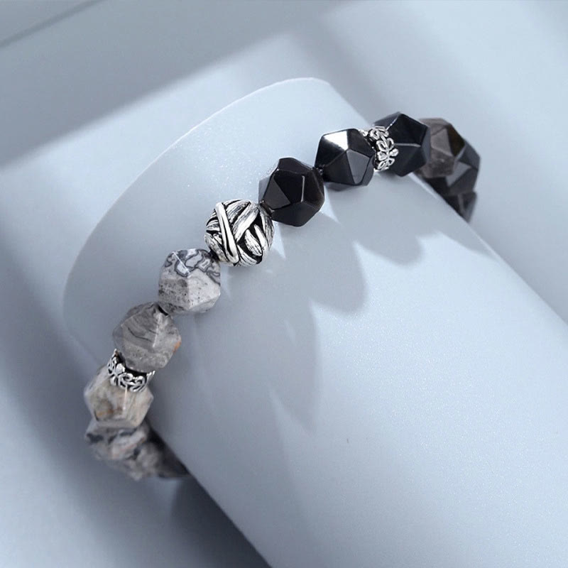 Bracciale di protezione con perline a foglia arrotolata in argento sterling 925, ossidiana naturale a taglio irregolare, diaspro grigio, Buddha Stones - image 3