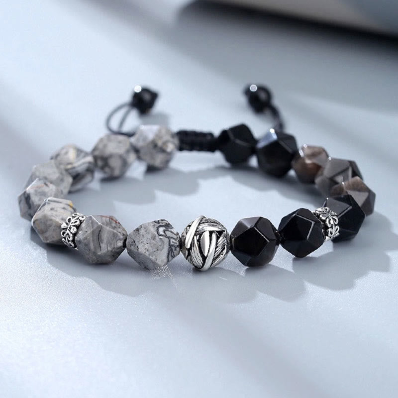 Bracciale di protezione con perline a foglia arrotolata in argento sterling 925, ossidiana naturale a taglio irregolare, diaspro grigio, Buddha Stones - Ossidiana e diaspro grigio - 10 mm - image 0