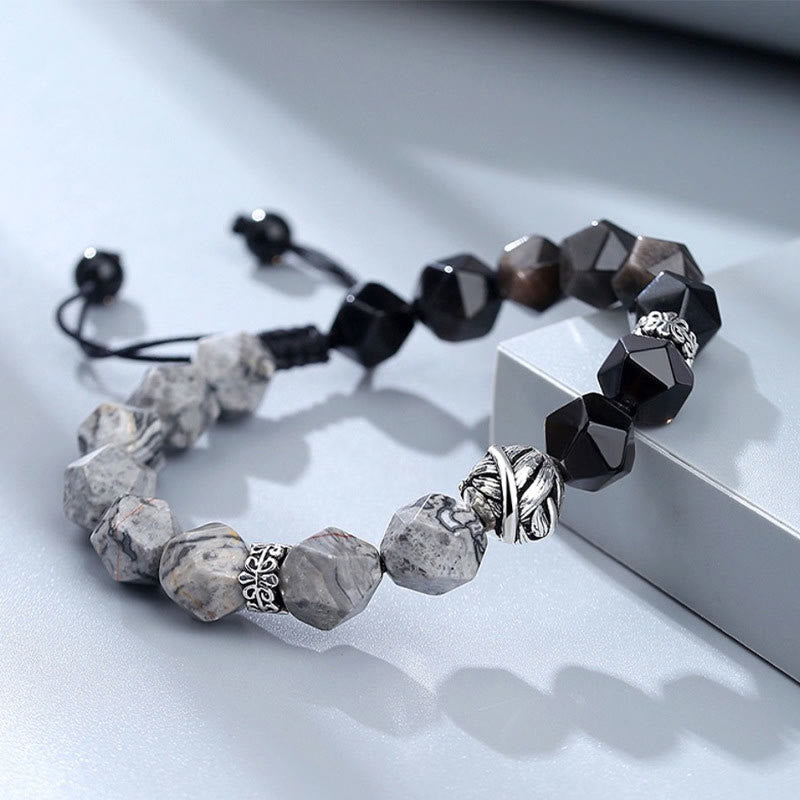 Bracciale di protezione con perline a foglia arrotolata in argento sterling 925, ossidiana naturale a taglio irregolare, diaspro grigio, Buddha Stones - image 1
