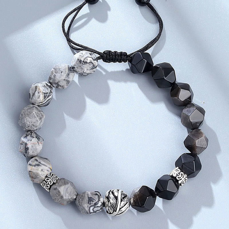 Bracciale di protezione con perline a foglia arrotolata in argento sterling 925, ossidiana naturale a taglio irregolare, diaspro grigio, Buddha Stones - image 2