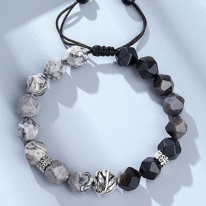 Bracciale di protezione con perline a foglia arrotolata in argento sterling 925, ossidiana naturale a taglio irregolare, diaspro grigio, Buddha Stones - image 2