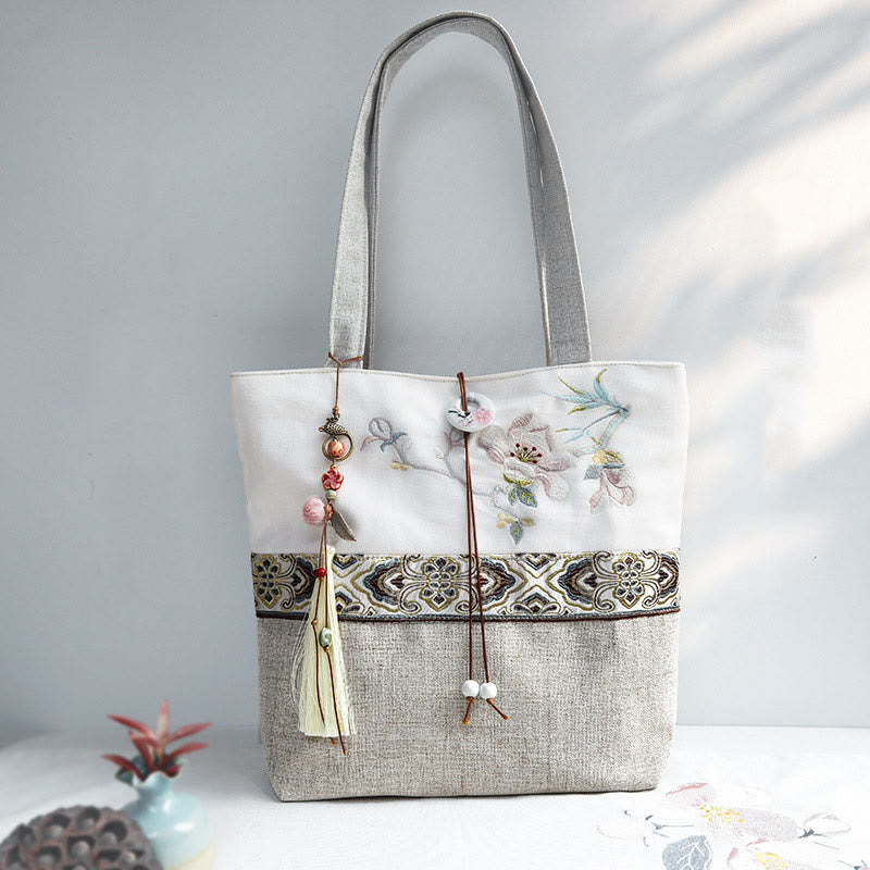 Borsa a tracolla in tela di poliestere con ricamo Buddha Stones Magnolia