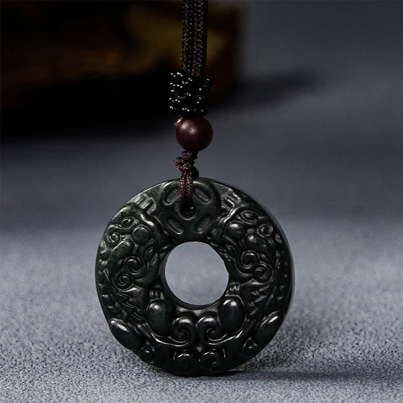 Buddha Stones Tibetano Nanyang Nero-Verde Giada PiXiu Fibbia della Pace Collana Pendente di Protezione - image 2