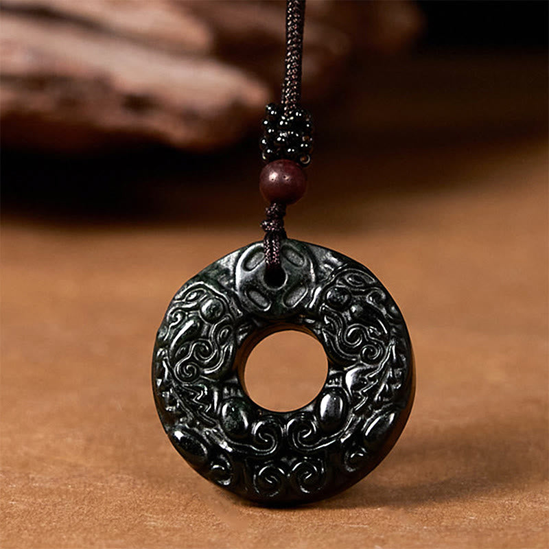 Buddha Stones Tibetano Nanyang Nero-Verde Giada PiXiu Fibbia della Pace Collana Pendente di Protezione - image 3