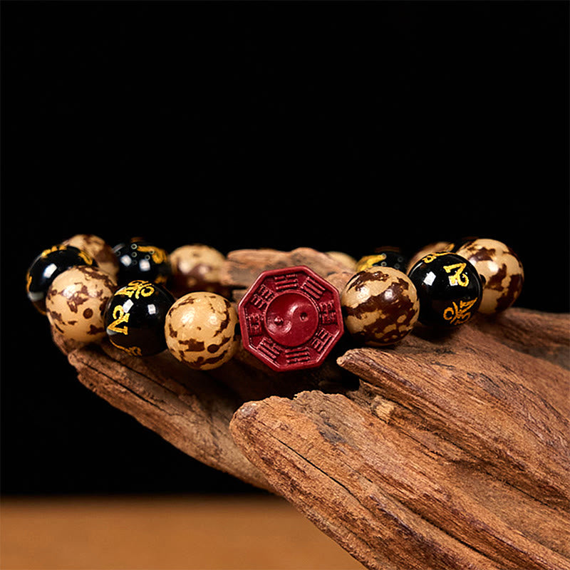 Buddha Stones Seme di Bodhi Om Mani Padme Hum Bagua Yin Yang Bracciale calmo intagliato cinabro