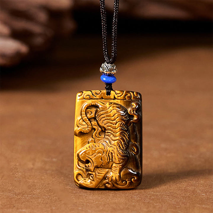 Collana con ciondolo in corda di protezione con motivo quadrato in occhio di tigre naturale Buddha Stones