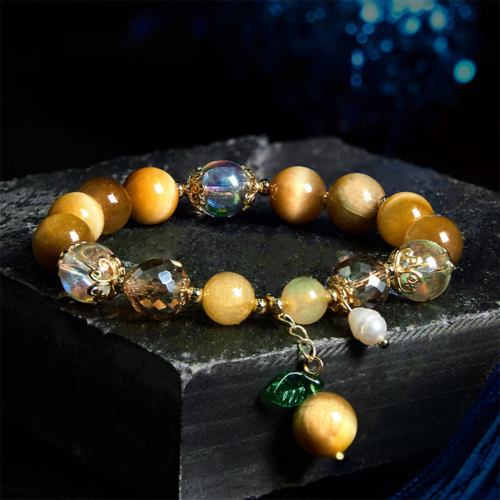 Buddha Stones Braccialetto coraggio foglia verde con perline di occhio di tigre naturale