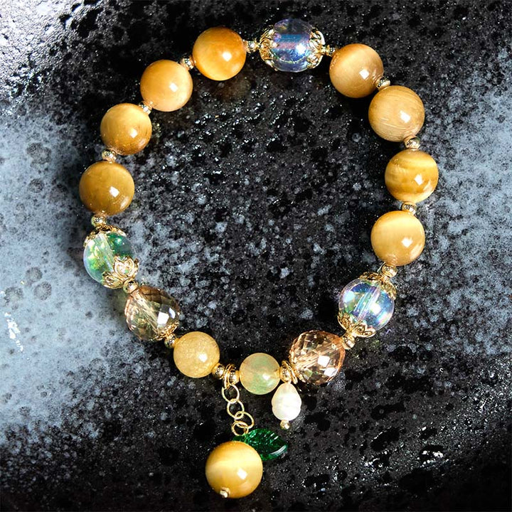 Buddha Stones Braccialetto coraggio foglia verde con perline di occhio di tigre naturale